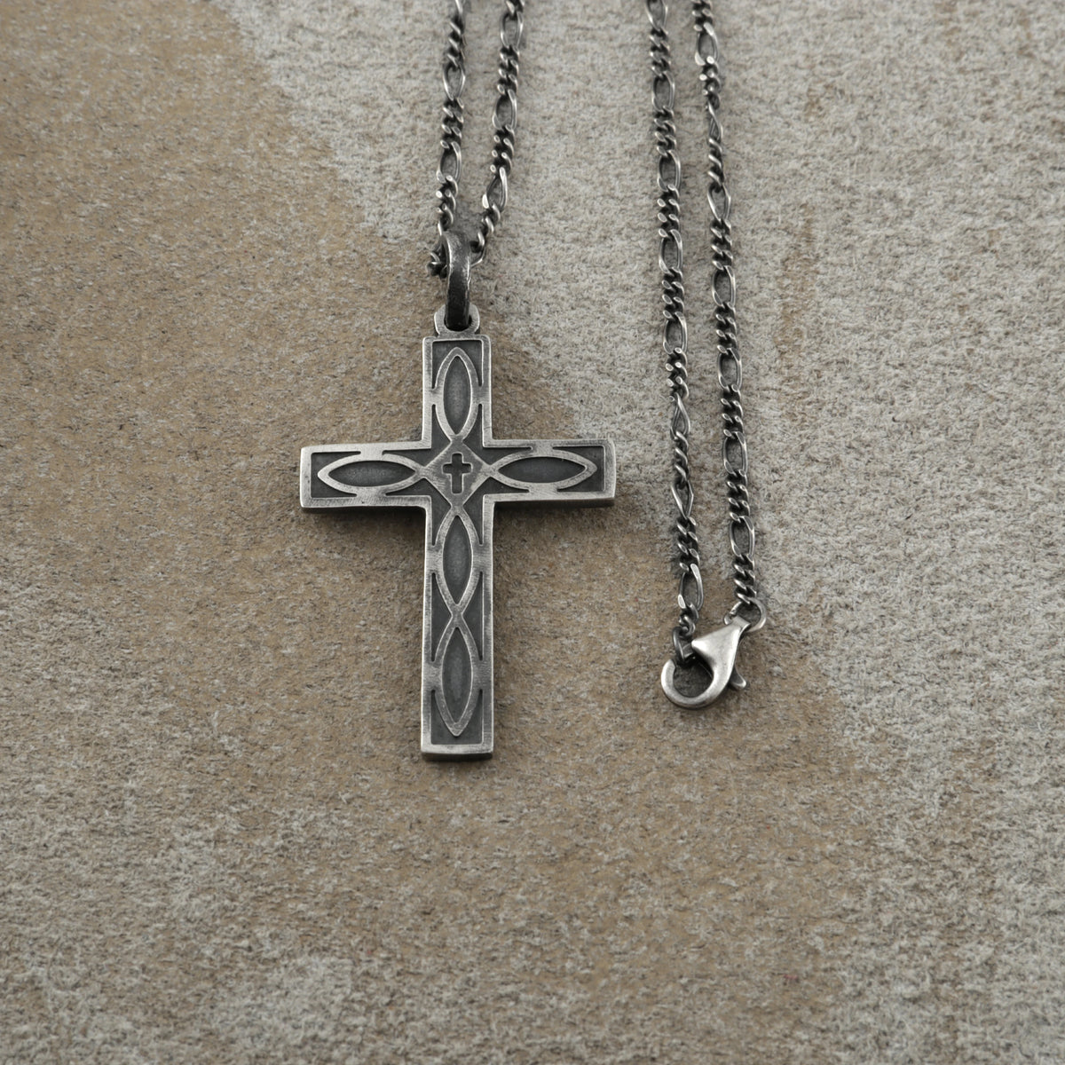 Eternal Covenant Celtic Cross, Oxidized 925 Sterling Silver Devotional Figaro Necklace