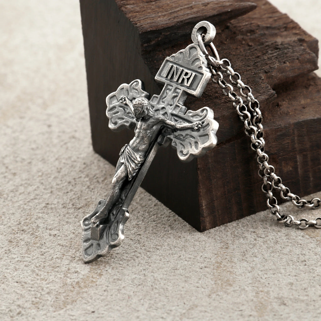 Sacred INRI Jesus Crucifix Pendant, Engravable Solid 925 Sterling Silver Holy Christian Faith Cross