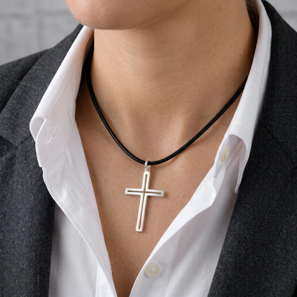 Sacred Light Hollow Cross Pendant, Solid 925 Sterling Silver Faith Alignment Necklace