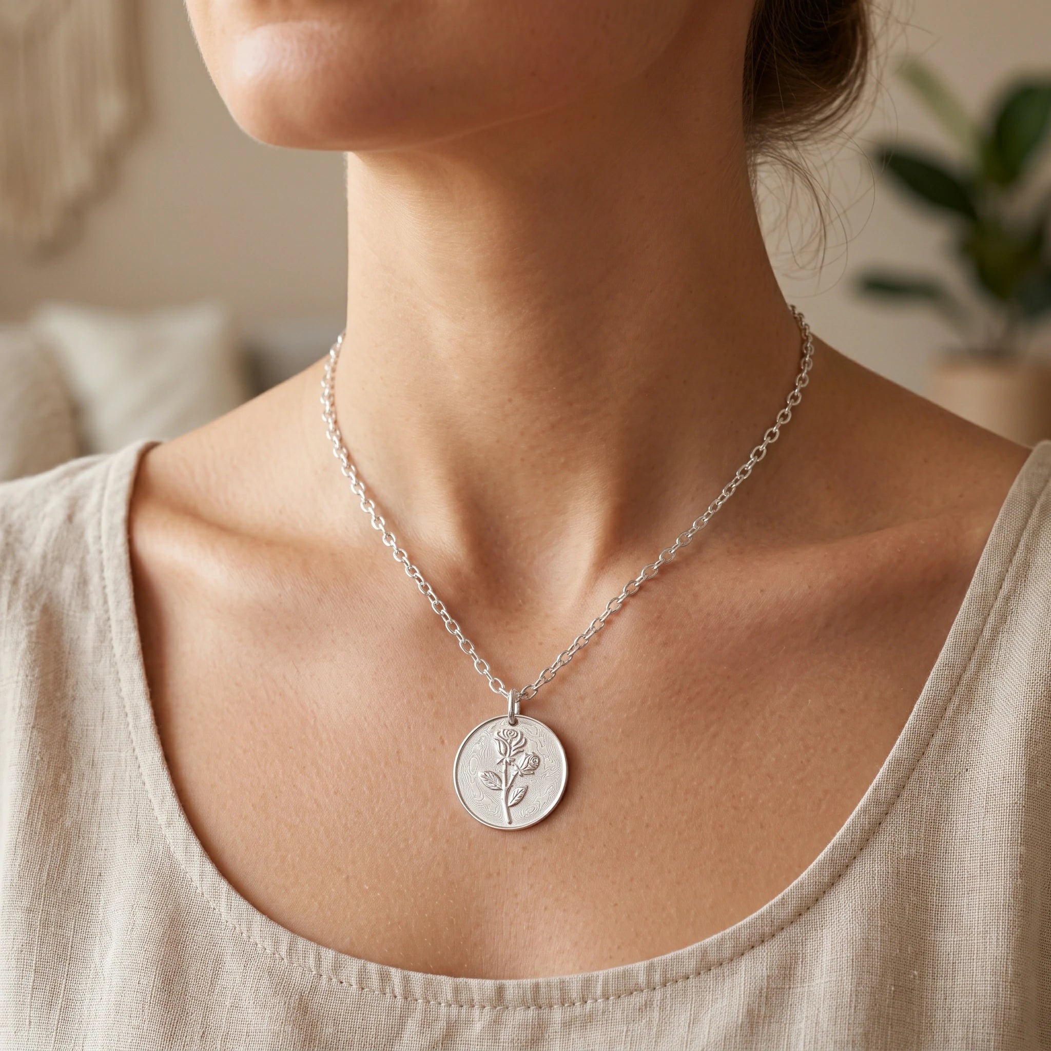 925 Sterling Silver Rose Pendant Necklace, Engravable Personalized Floral Medallion