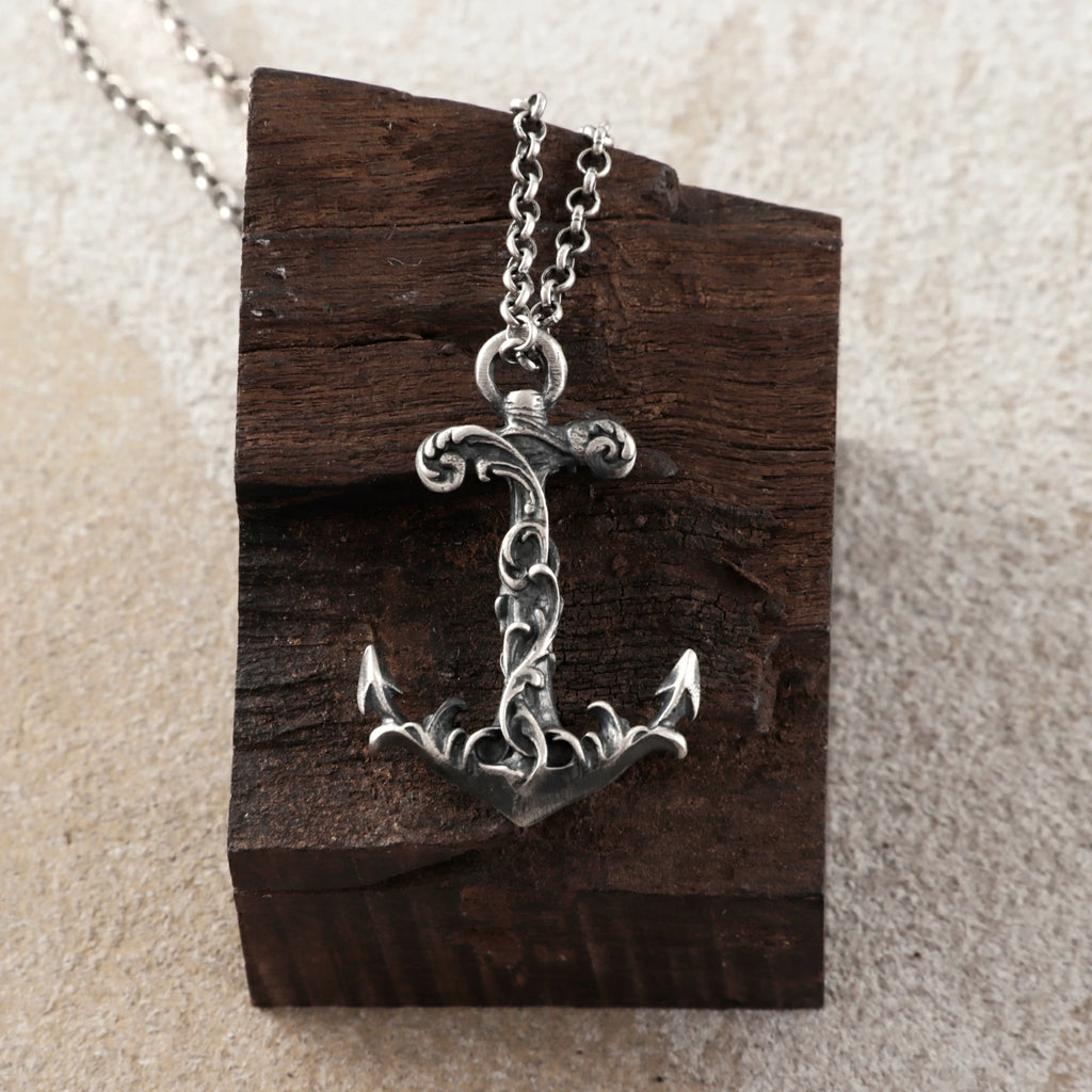925 Sterling Silver Vintage Anchor Pendant Necklace, Baroque Nautical Sailor Charm Jewelry