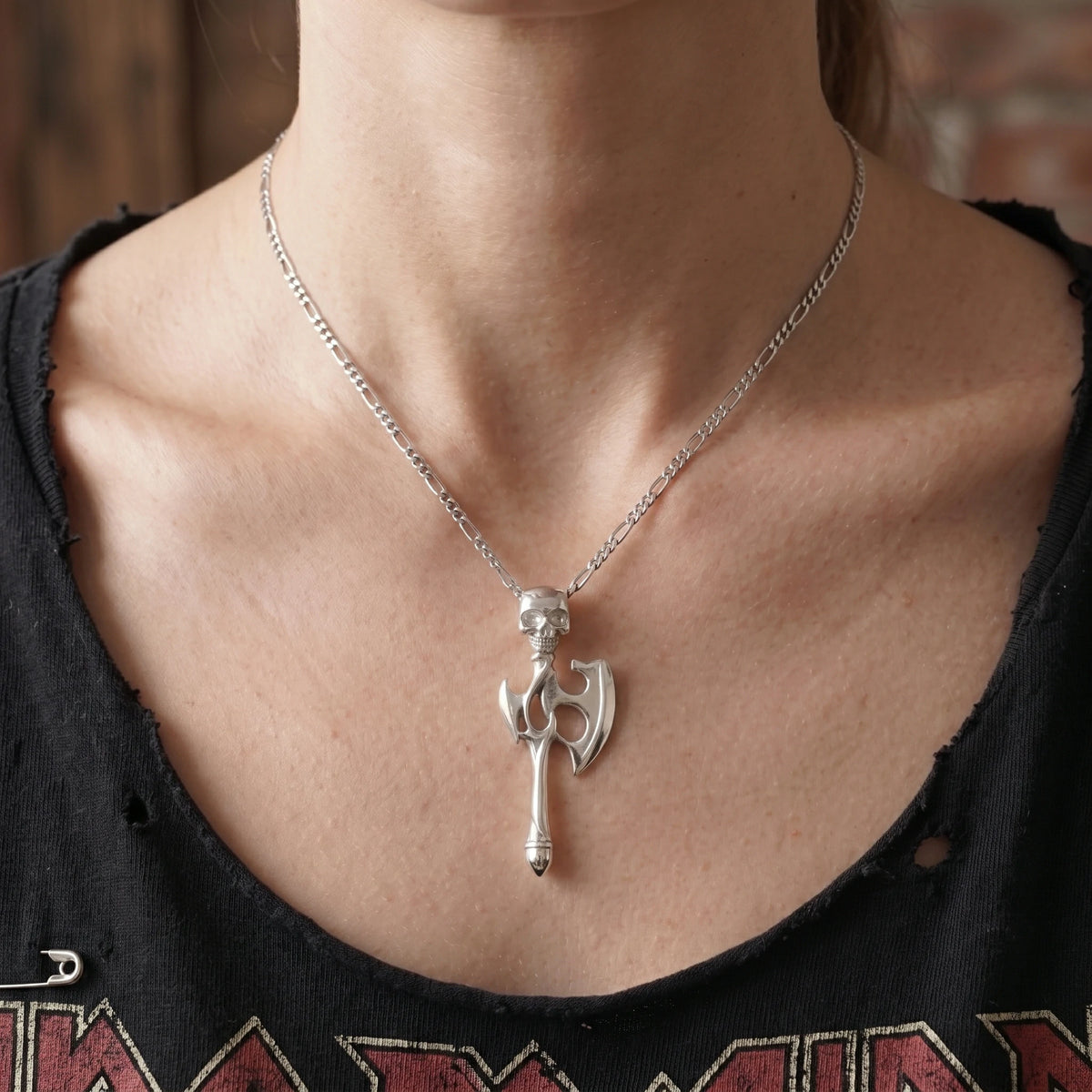 925 Sterling Silver Gothic Skull Battle Axe Durable Viking Warrior Pendant