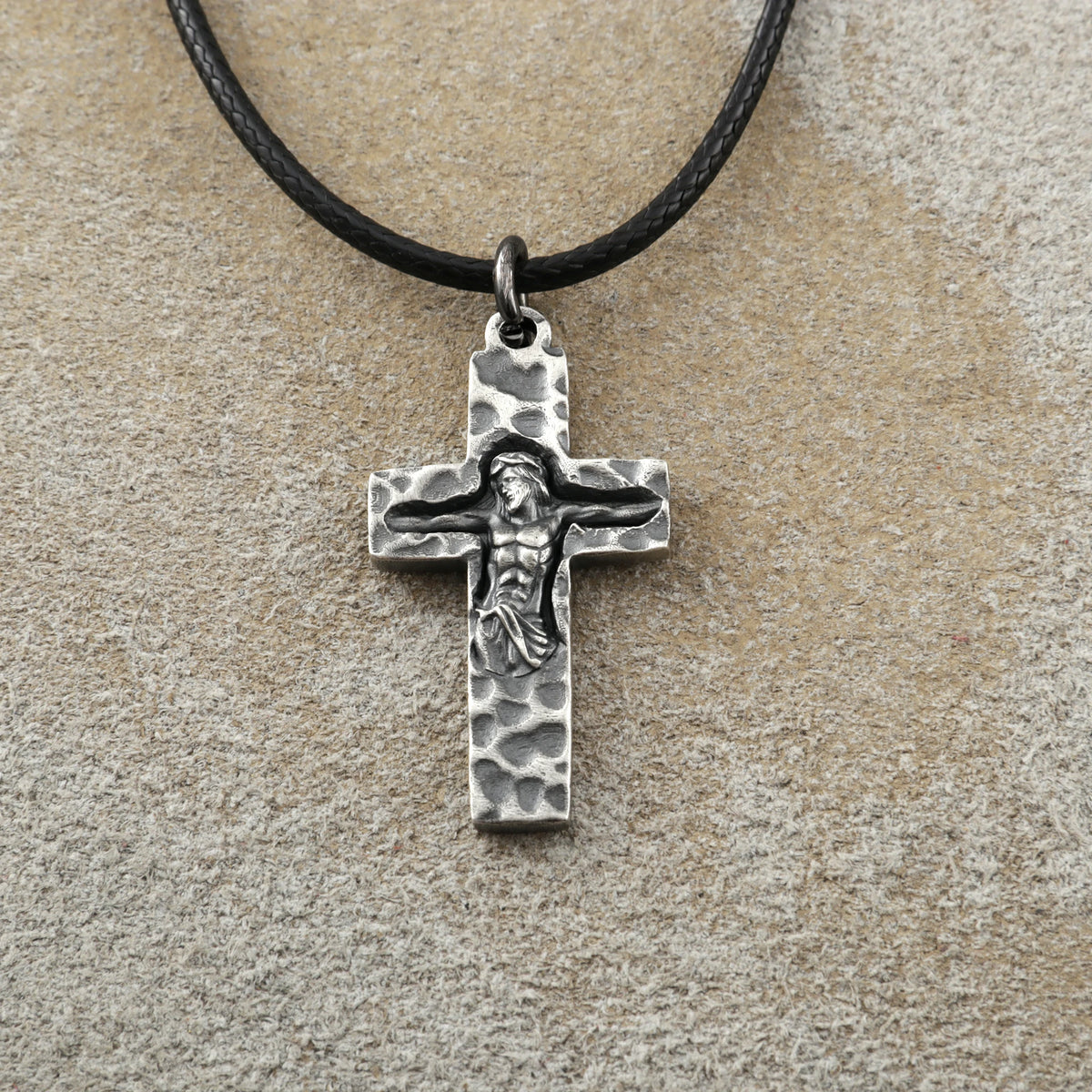 Rock of Ages Sunken Crucifix, Heavy Hammered 925 Sterling Silver Faith Necklace