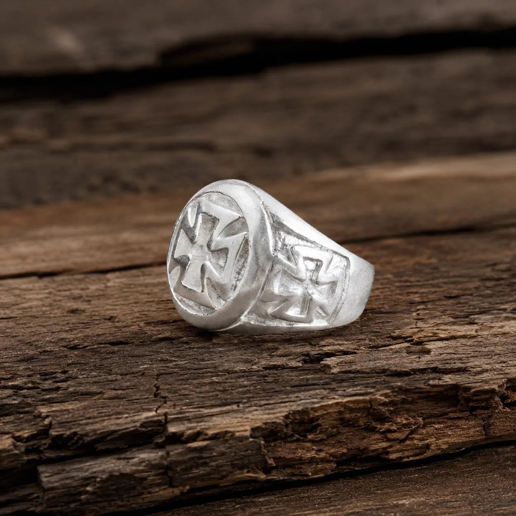 Vintage Oxidized 925 Sterling Silver Iron Cross Signet Ring, Custom Inner Engraving Men’s Biker Tough Jewelry