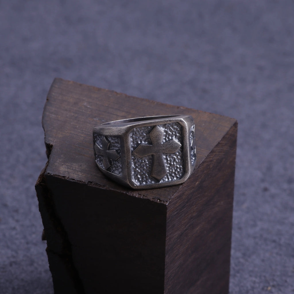 Personalized Men's Cross Signet Ring - Vintage Gift for Him-925 Sterling Silver