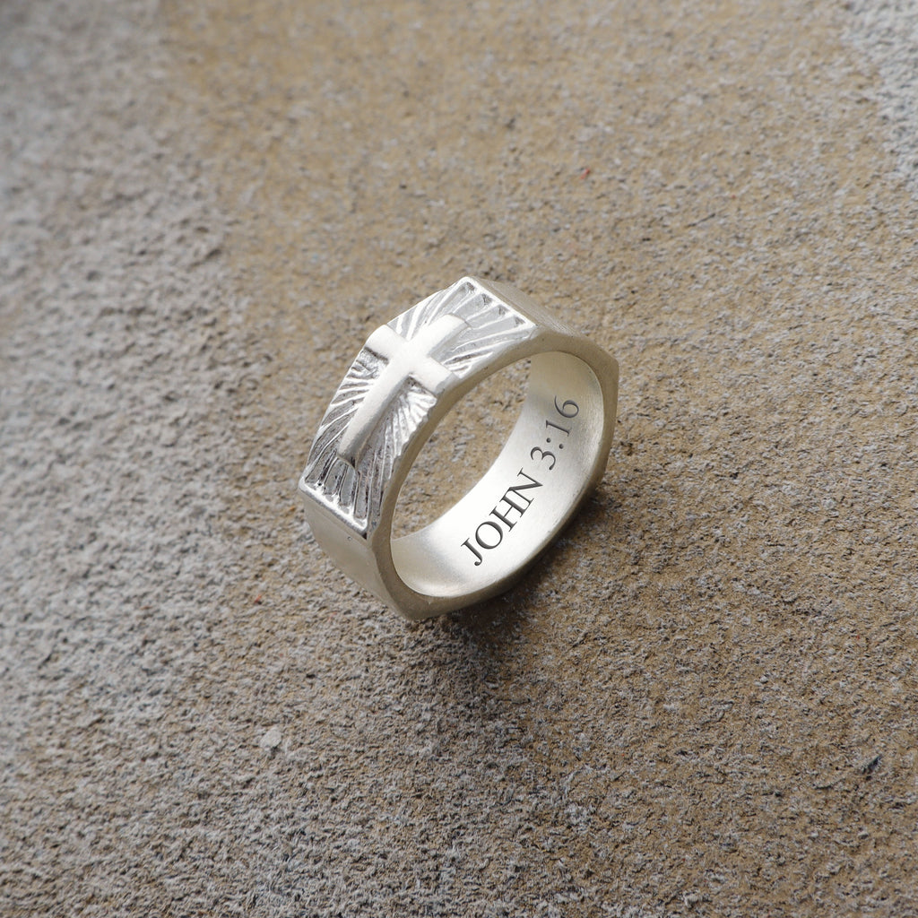 Custom Engraved Sterling Silver Cross Signet Ring, Religious Faith Band for Men