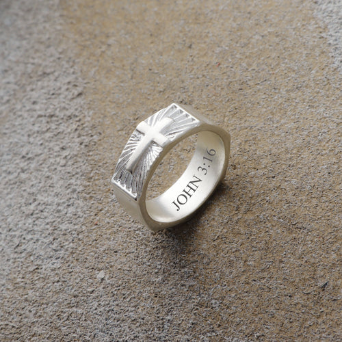Custom Engraved Sterling Silver Cross Signet Ring, Religious Faith Band for Men