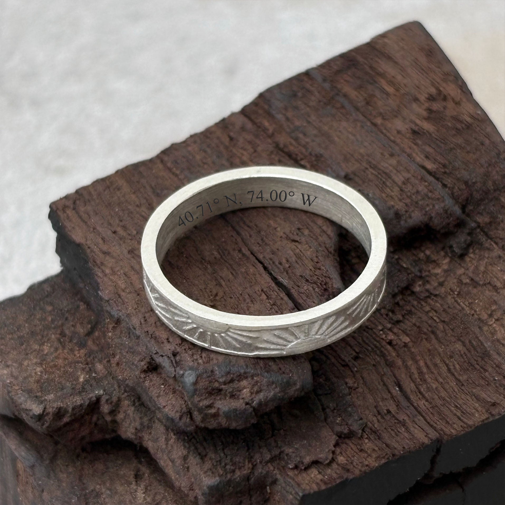 Unisex Sunrise Engraved Solid Sterling Silver Ring-Personalized Memory Band, Wedding Bands