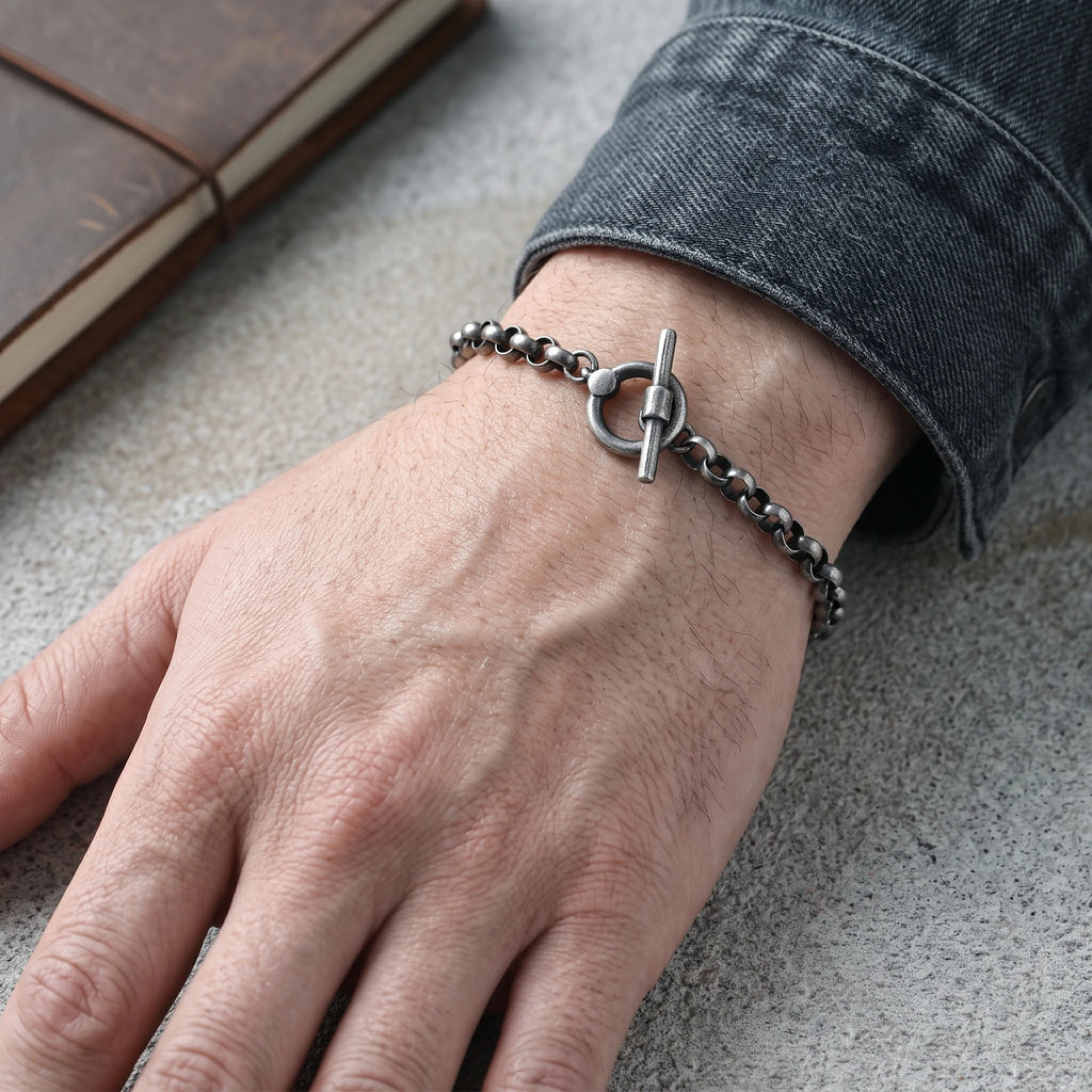 Modern Industrial Rolo Chain Bracelet, Oxidized 925 Sterling Silver Vintage Statement Wristband