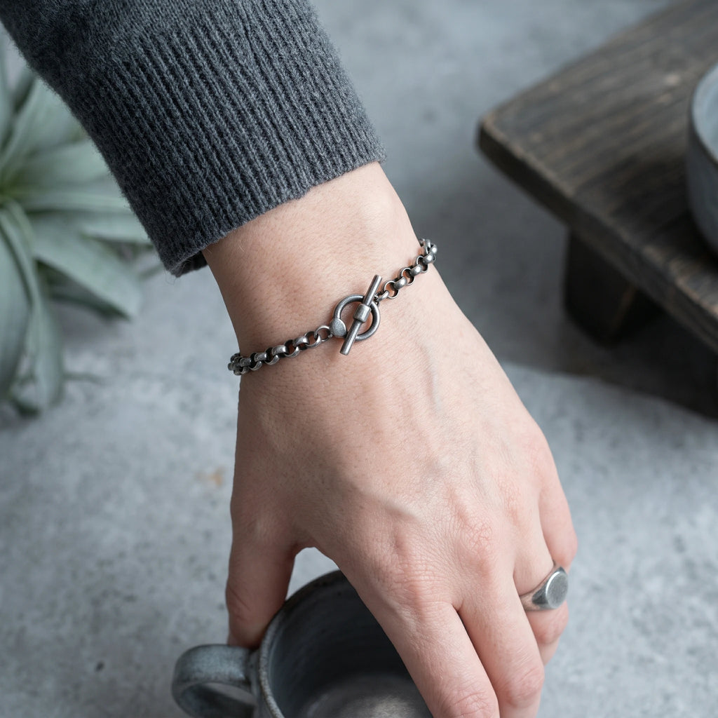 Modern Industrial Rolo Chain Bracelet, Oxidized 925 Sterling Silver Vintage Statement Wristband