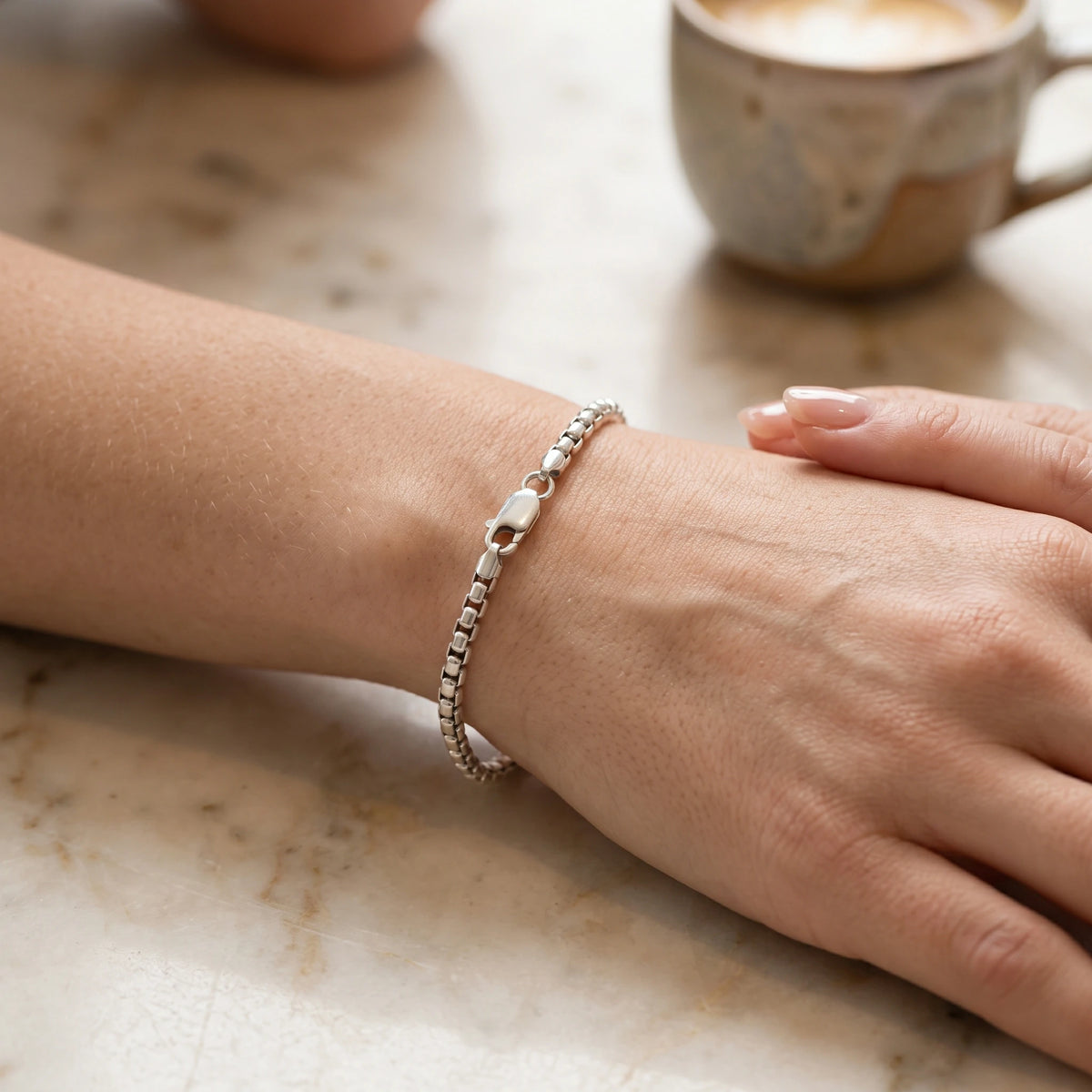 925 Sterling Silver Classic Box Chain Bracelet, Unisex Round Venetian Link Jewelry