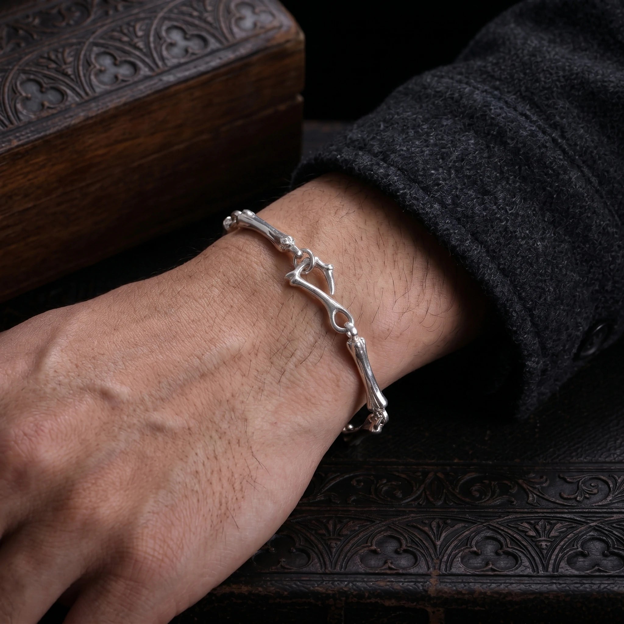 925 Sterling Silver Skeleton Bone Link Bracelet, Dark Mythic Bone Hook Clasp Minimalist Wristband