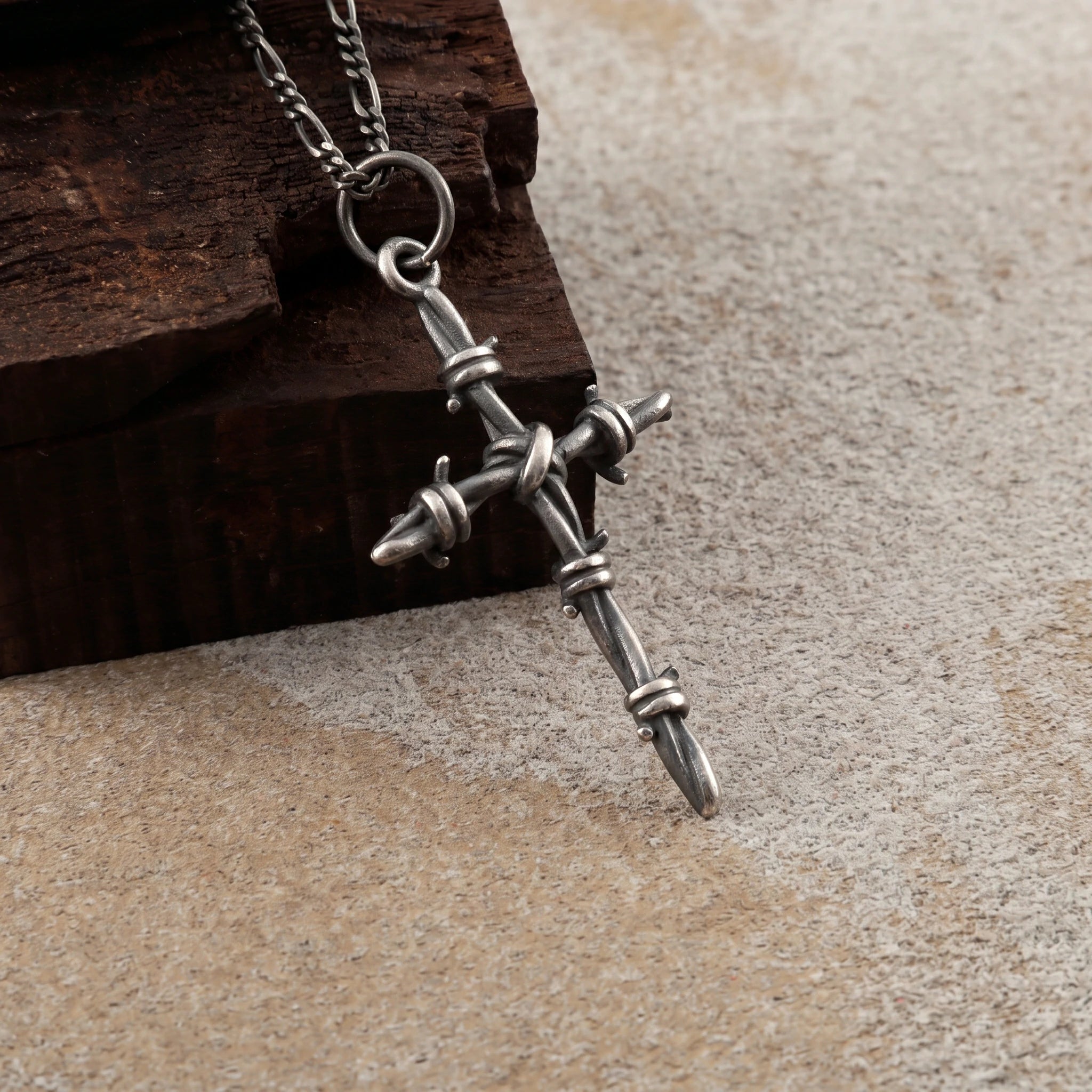 Sacred Thorns Crown Cross, Solid 925 Sterling Silver Devotional Figaro Necklace