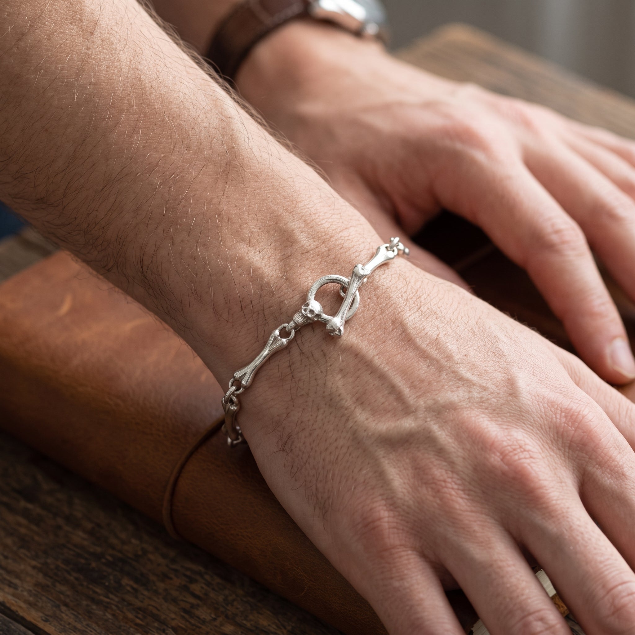 Gothic Anatomy Bone Link Bracelet, 925 Sterling Silver Skeleton Skull Toggle Clasp Wristband for Men and Women
