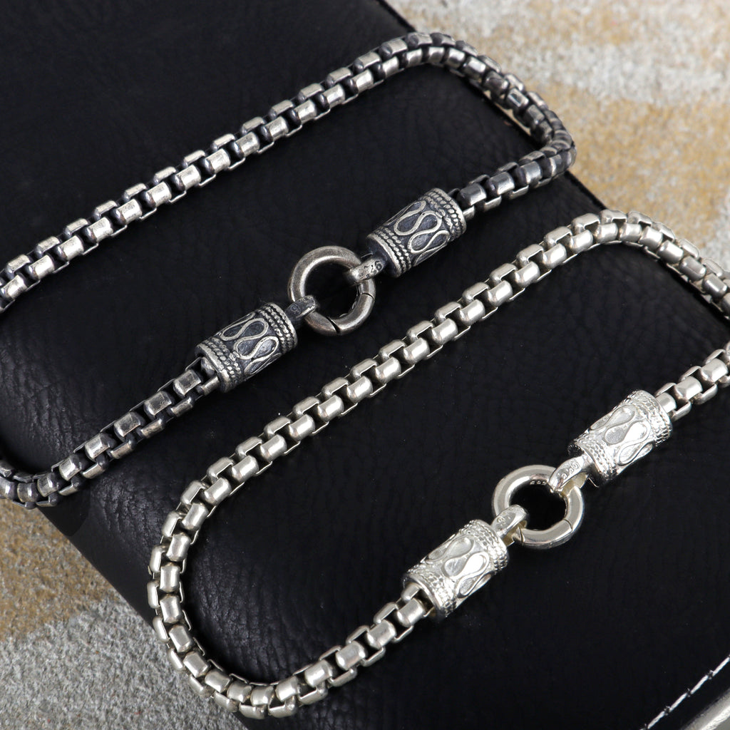 Balinese Totem Box Chain Bracelet, Premium 925 Sterling Silver Ornate End Cap Wristband