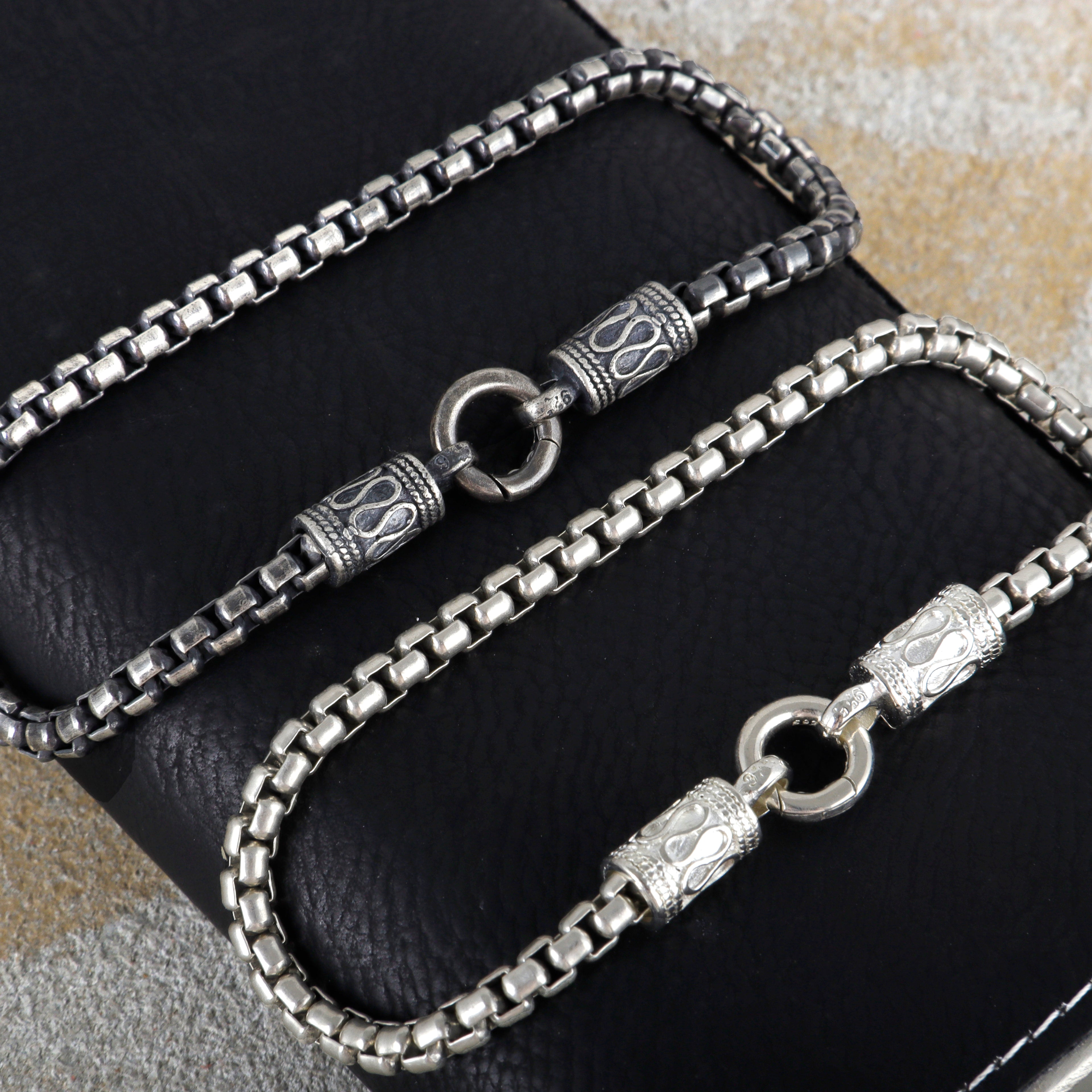 Balinese Totem Box Chain Bracelet, Premium 925 Sterling Silver Ornate End Cap Wristband