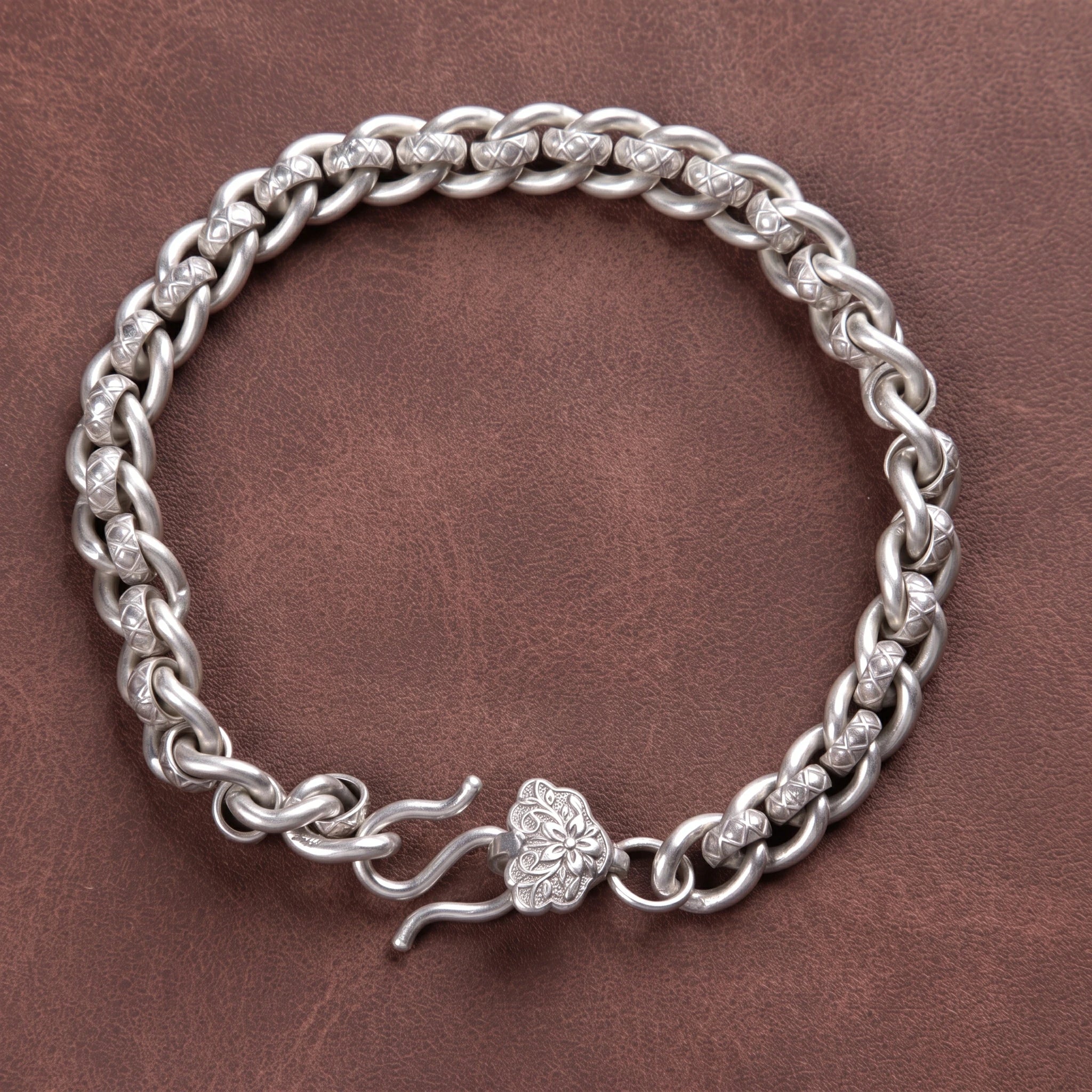 Vintage 925 Sterling Silver Floral Clasp Chain Bracelet for Women