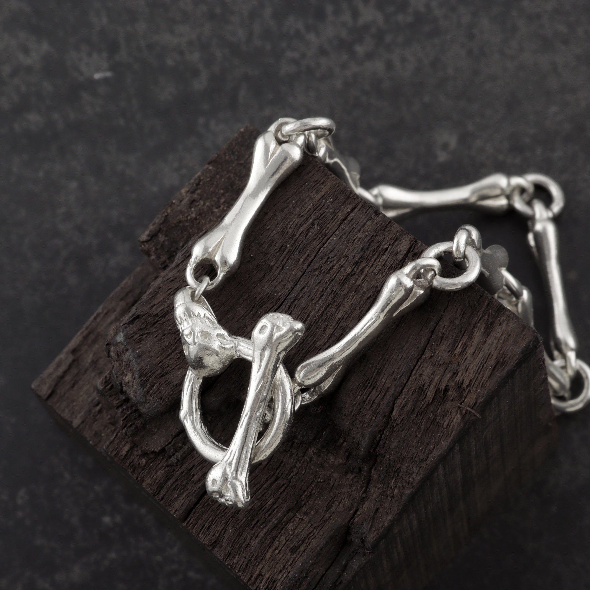 Gothic Anatomy Bone Link Bracelet, 925 Sterling Silver Skeleton Skull Toggle Clasp Wristband for Men and Women