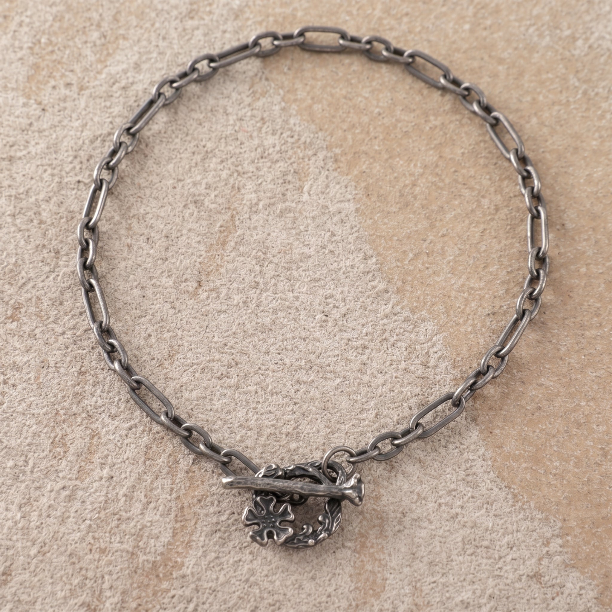 925 Sterling Silver Floral Branch Toggle Clasp Durable Link Chain Bracelet