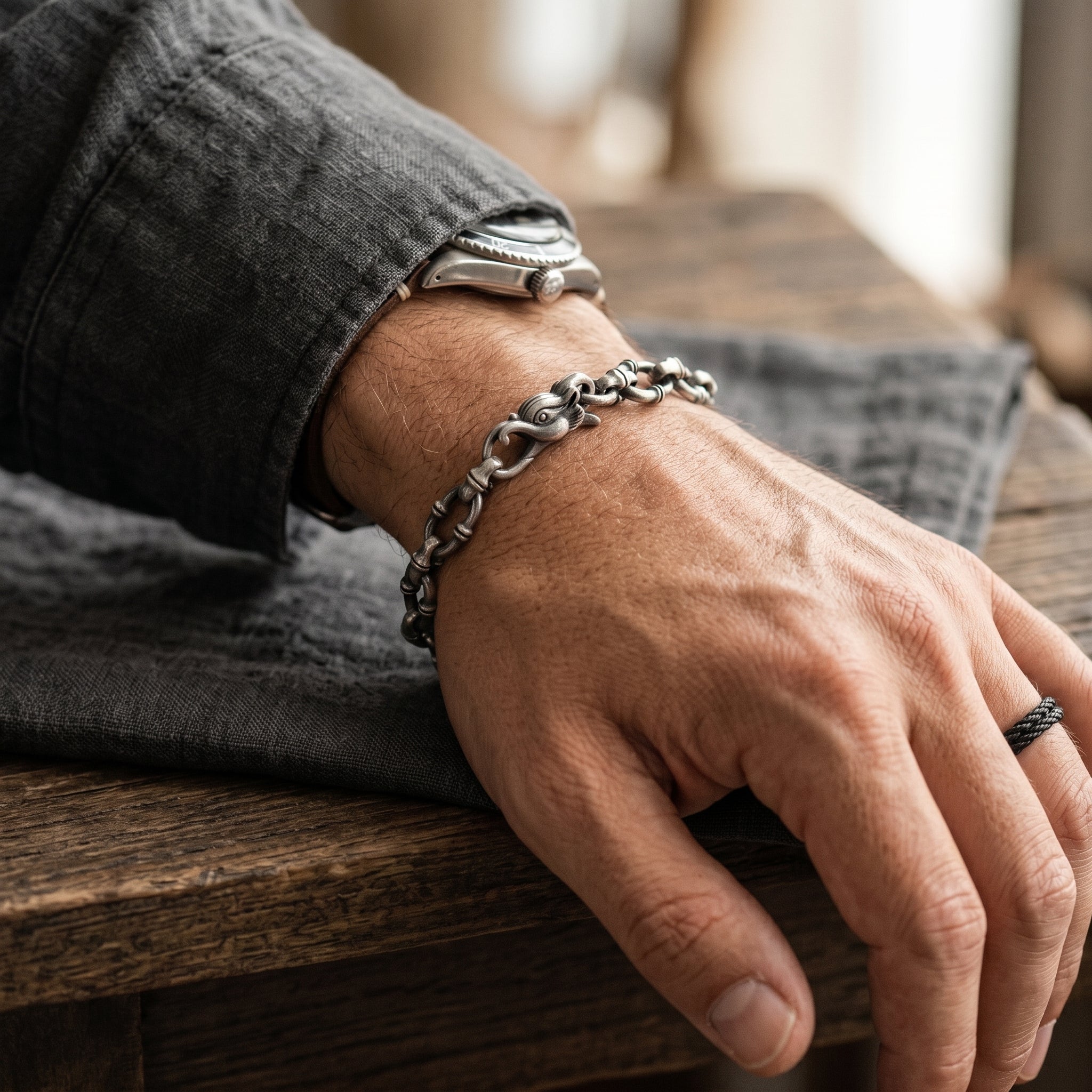 Gothic Wilderness Bamboo Bracelet, Solid 925 Sterling Silver Detailed Mythic Beast Wristband