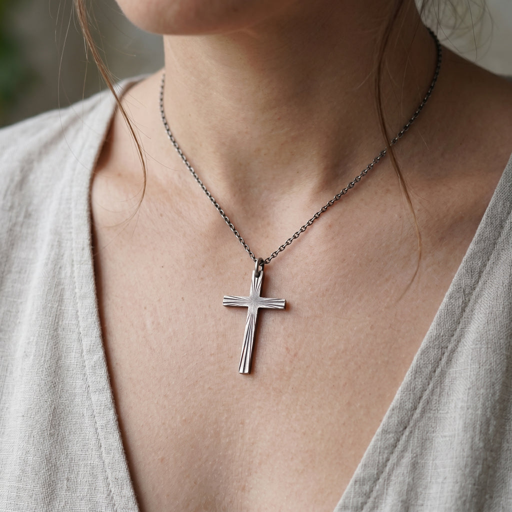 Eternal Light Sunburst Cross Pendant, 925 Sterling Silver Devotional Protection Amulet