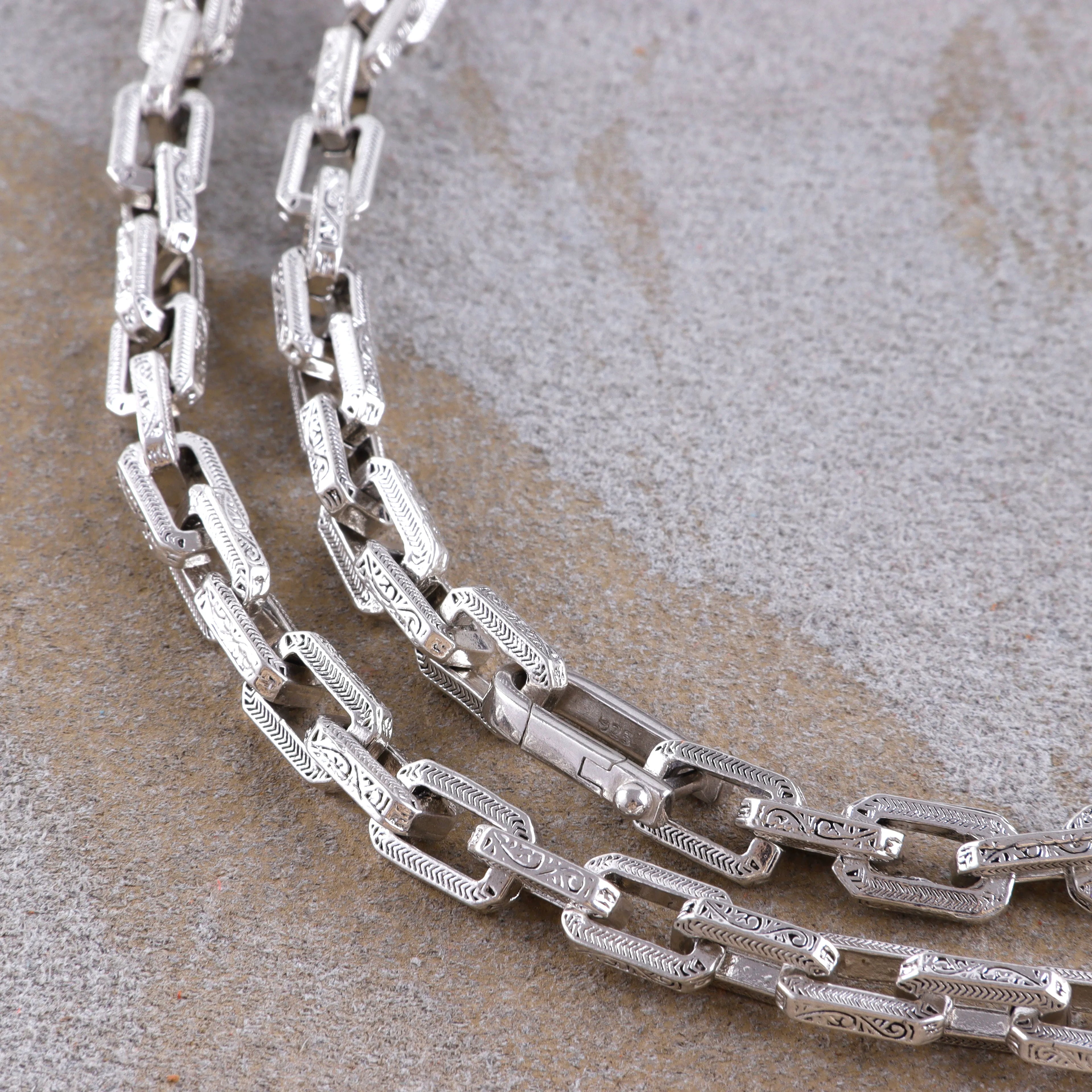 Men's Engraved Rectangle Link Chain • Oxidized 925 Sterling Silver Necklace