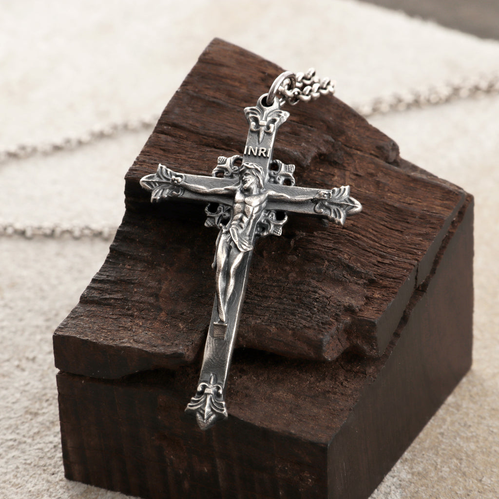 Sacred Double-Sided Crucifix Pendant, Solid 925 Sterling Silver Holy Mary Faith Cross
