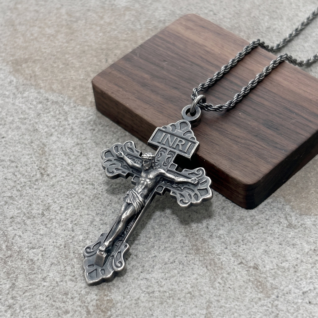 Divine Redemption INRI Crucifix, Solid 925 Sterling Silver Baroque Faith Necklace