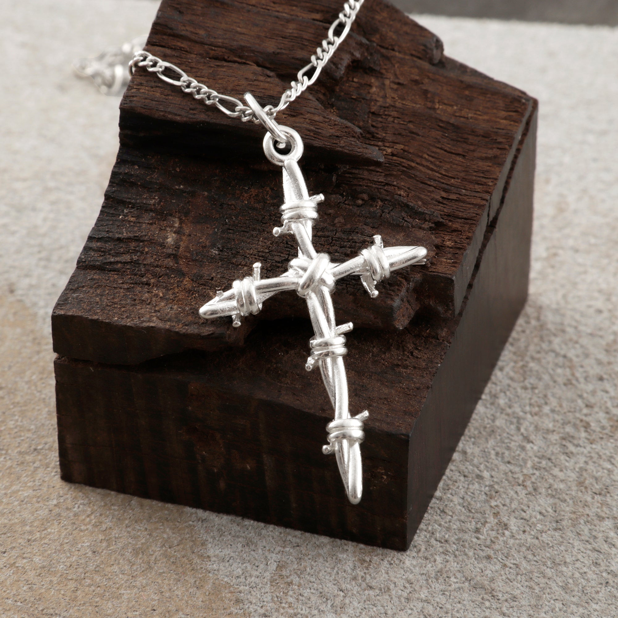 Sacred Thorns Crown Cross, Solid 925 Sterling Silver Devotional Figaro Necklace