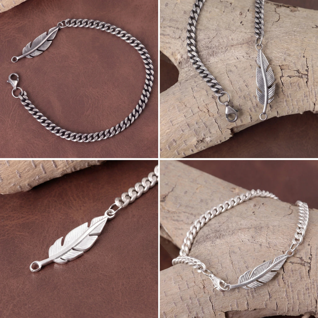 925 Sterling Silver Feather Curb Chain Bracelet With Custom Engravable Clasp Back