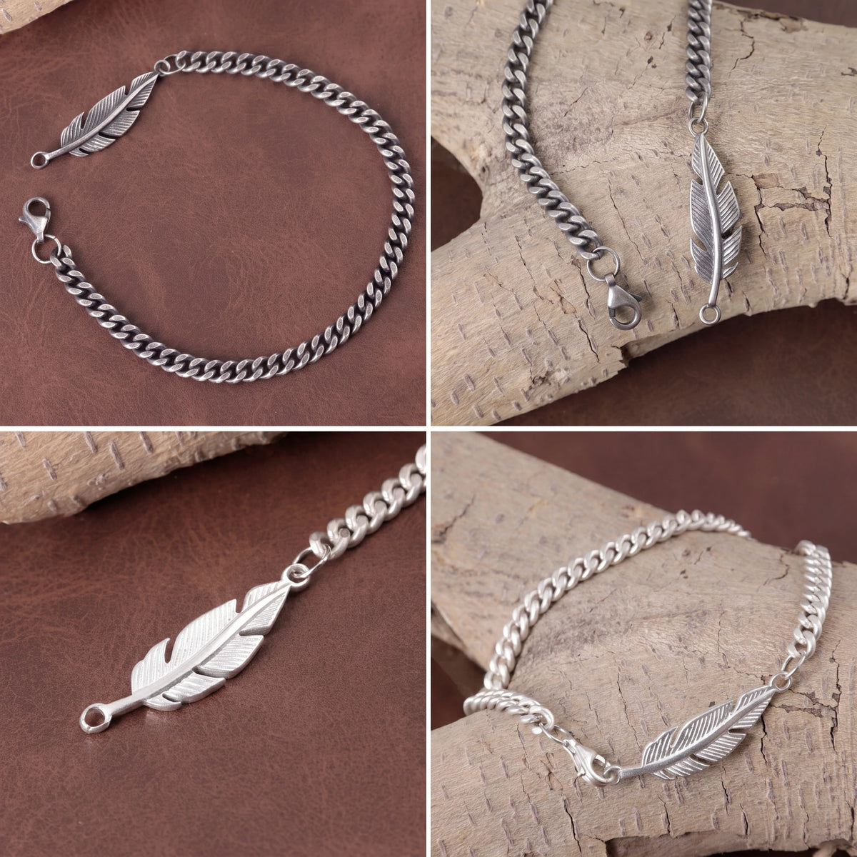 925 Sterling Silver Feather Curb Chain Bracelet With Custom Engravable Clasp Back
