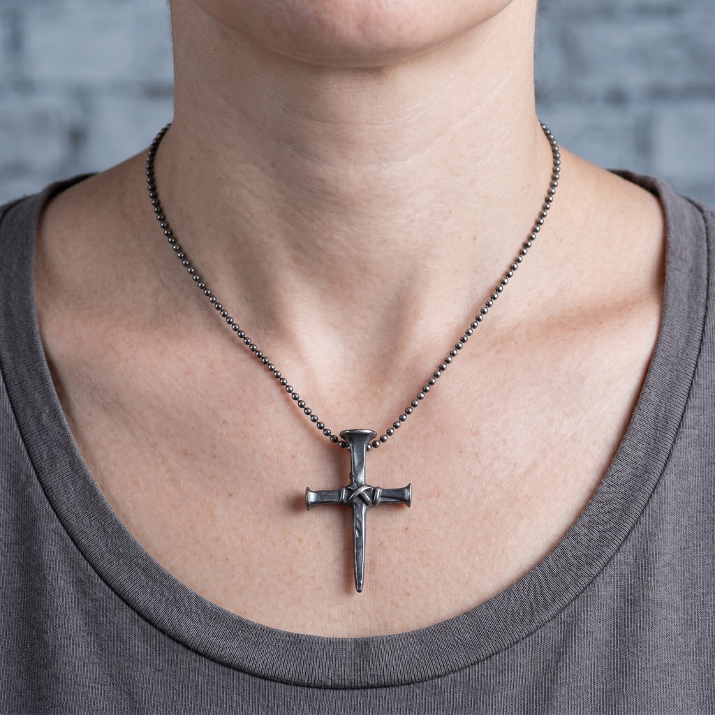 Sacred Grace Crucifixion Nails Cross Necklace, Oxidized 925 Sterling Silver Devotional Faith Pendant