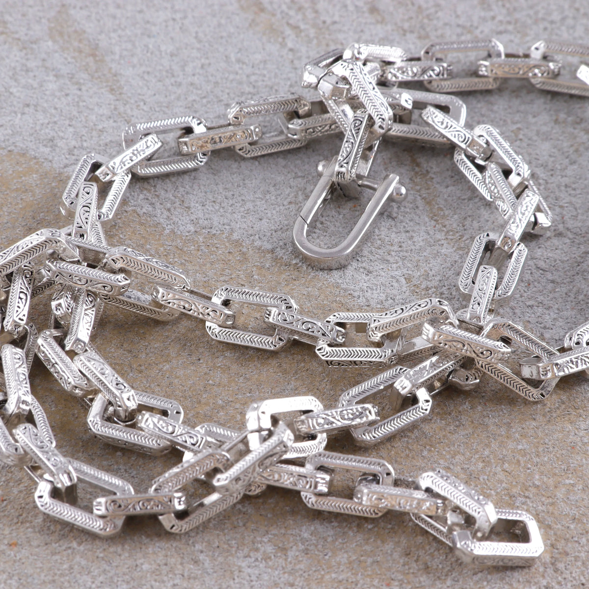 Men's Engraved Rectangle Link Chain • Oxidized 925 Sterling Silver Necklace