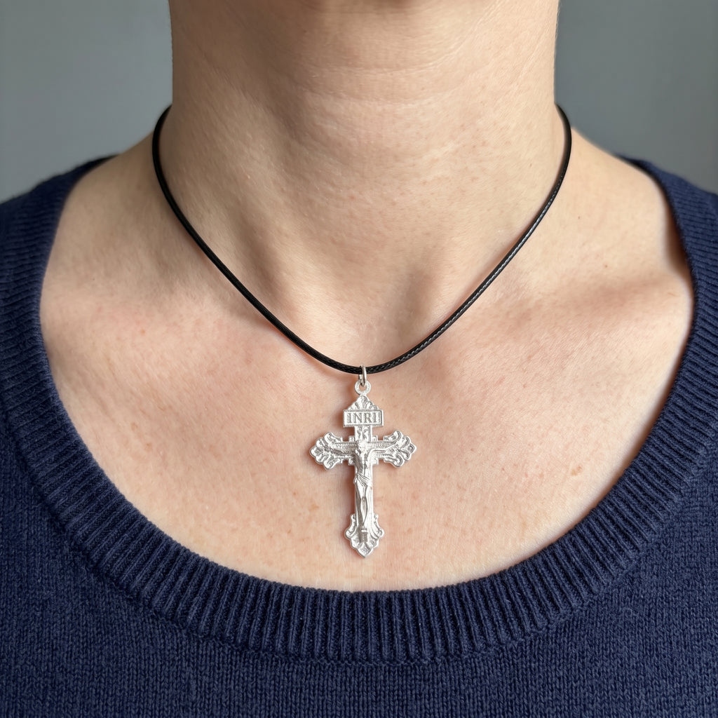 Divine Redemption INRI Crucifix, Solid 925 Sterling Silver Baroque Faith Necklace