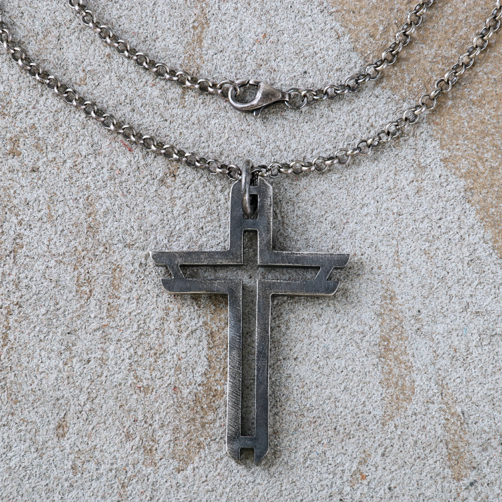 Sacred Path Hollow Cross Pendant, Oxidized 925 Sterling Silver Vintage Faith Amulet Necklace