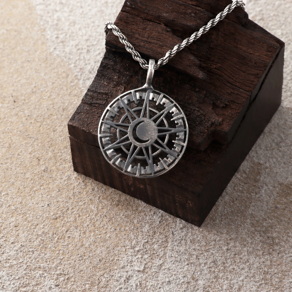 925 Sterling Silver Sun and Moon Pendant Necklace, Celestial Compass Astrolabe Jewelry