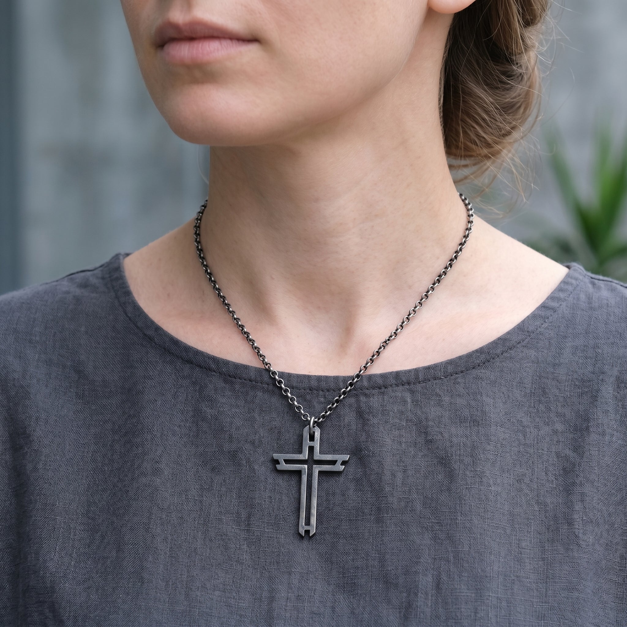 Sacred Path Hollow Cross Pendant, Oxidized 925 Sterling Silver Vintage Faith Amulet Necklace