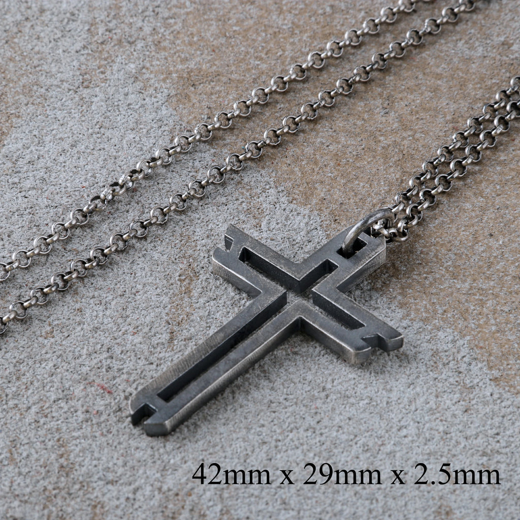 Sacred Path Hollow Cross Pendant, Oxidized 925 Sterling Silver Vintage Faith Amulet Necklace