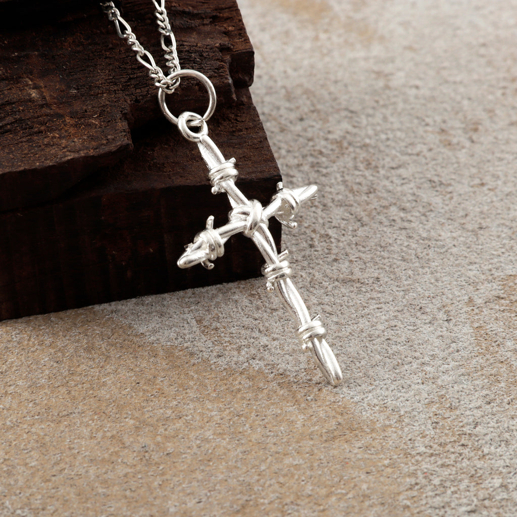 Sacred Thorns Crown Cross, Solid 925 Sterling Silver Devotional Figaro Necklace