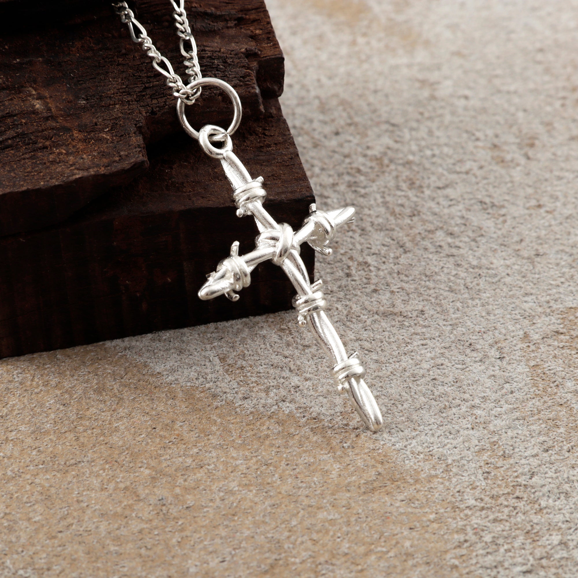 Sacred Thorns Crown Cross, Solid 925 Sterling Silver Devotional Figaro Necklace