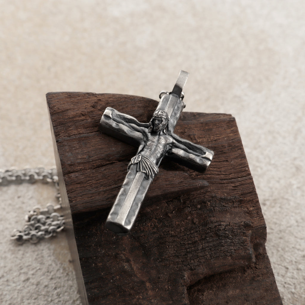 Sacred Jesus Crucifix Pendant, Engravable Solid 925 Sterling Silver Christian Faith Cross Necklace