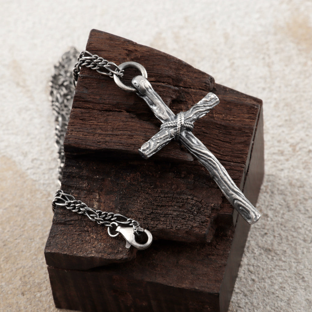 Living Branch Sacred Wood Cross , Textured 925 Sterling Silver Faith Necklace