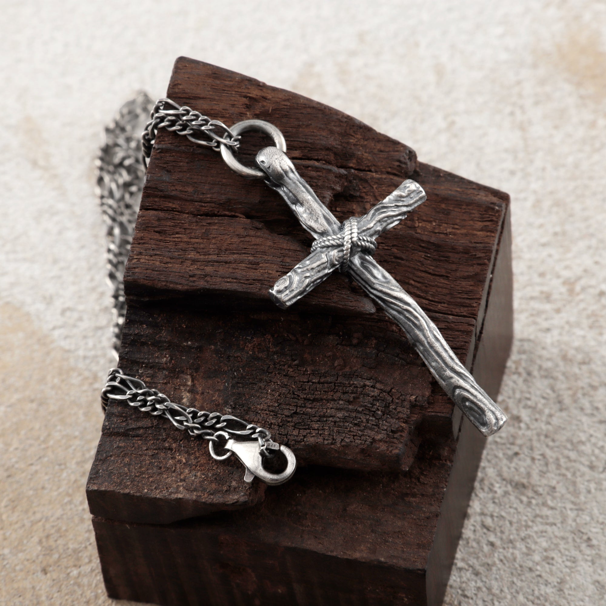 Living Branch Sacred Wood Cross , Textured 925 Sterling Silver Faith Necklace