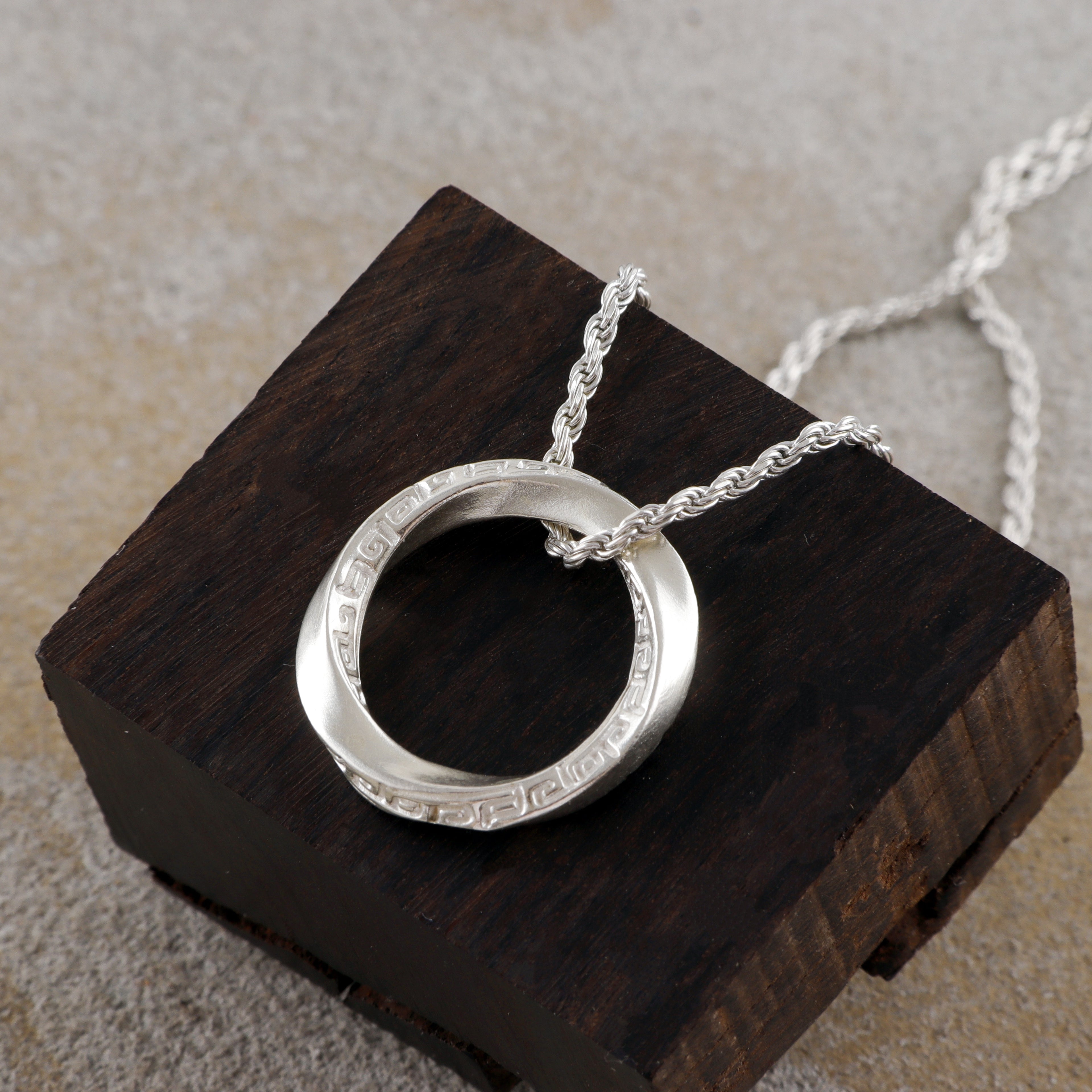 925 Sterling Silver Mobius Ring Pendant Necklace, Vintage Greek Key Eternity Jewelry