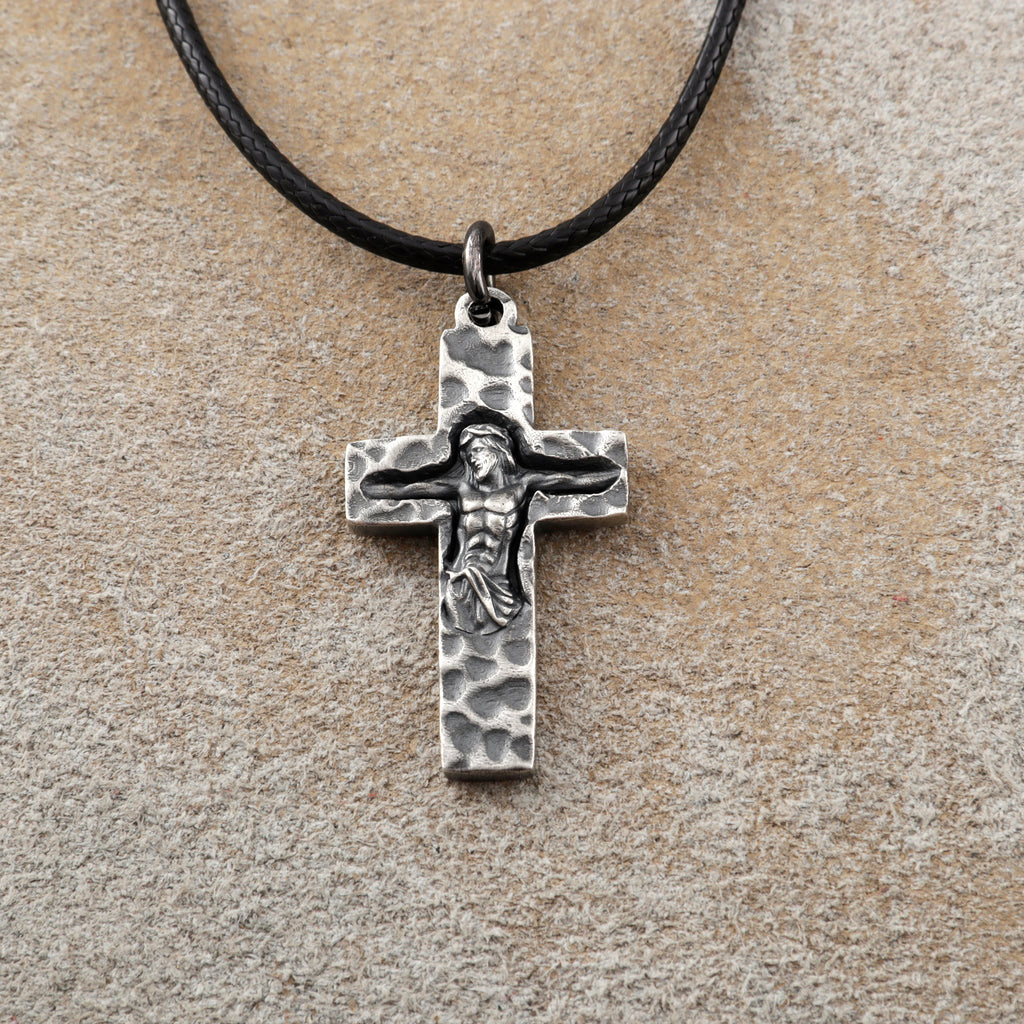 Rock of Ages Sunken Crucifix, Heavy Hammered 925 Sterling Silver Faith Necklace