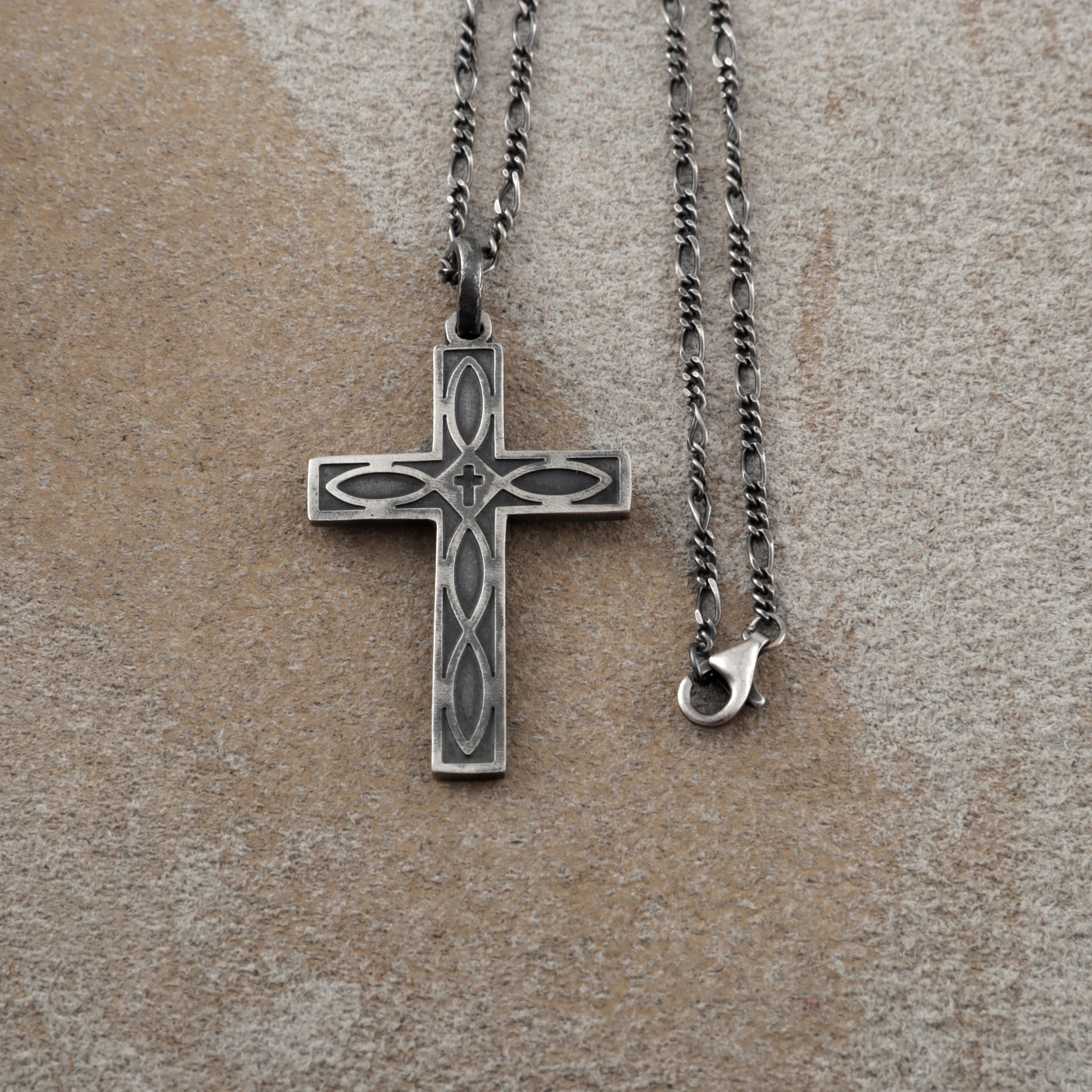 Eternal Covenant Celtic Cross, Oxidized 925 Sterling Silver Devotional Figaro Necklace