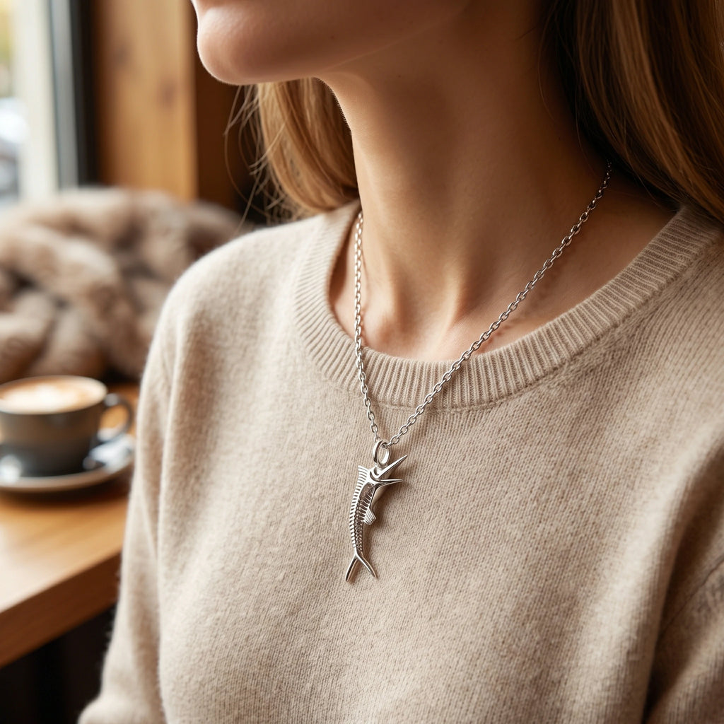 925 Sterling Silver Sailfish Skeleton Pendant Necklace, Vintage Marlin Fish Bone Jewelry