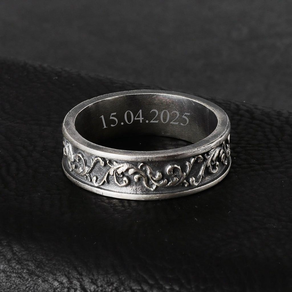 Personalized Vintage Acanthus Leaf 925 Sterling Silver Band, Custom Engraved Men's Ring