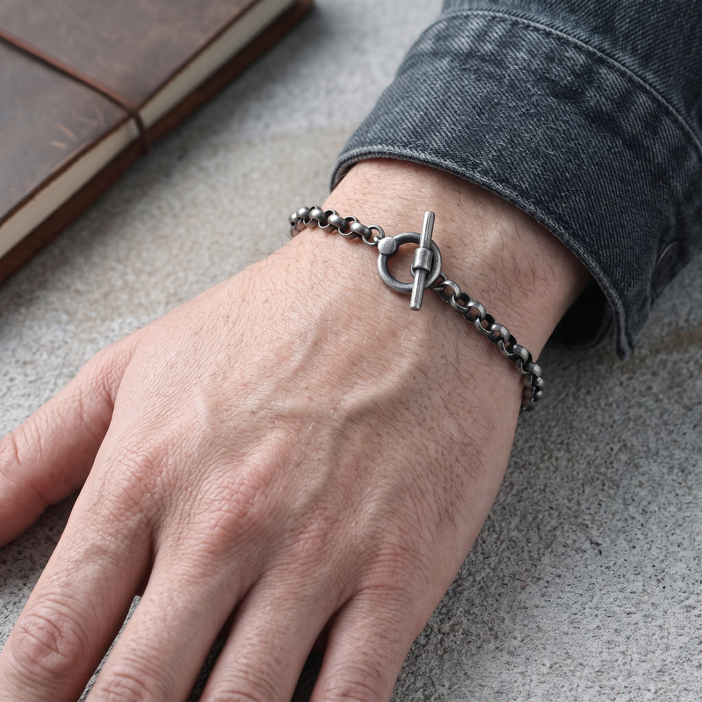 Modern Industrial Rolo Chain Bracelet, Oxidized 925 Sterling Silver Vintage Statement Wristband with Toggle Clasp