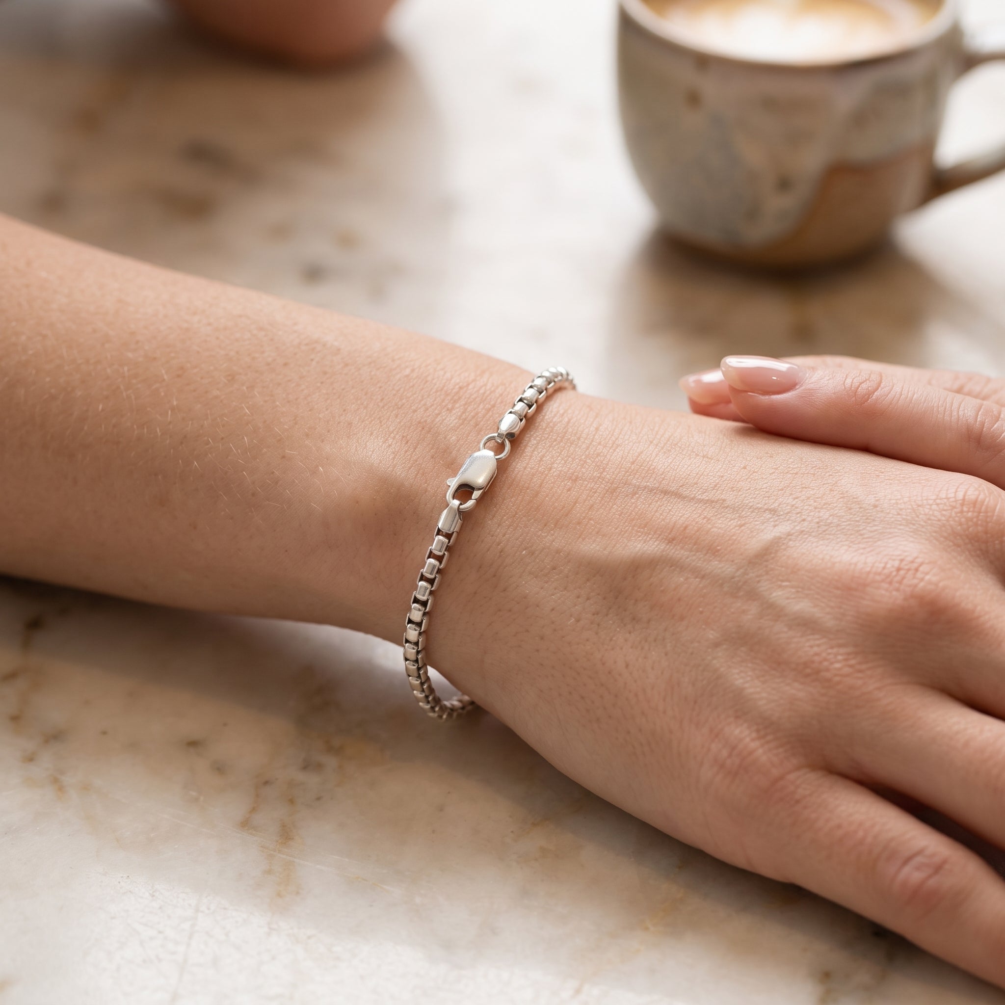 925 Sterling Silver Classic Box Chain Bracelet, Unisex Round Venetian Link Jewelry